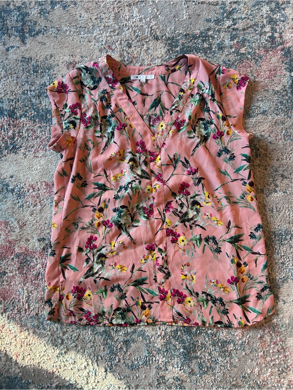 DR2 Pink Botanical Print V-Neck Cap Sleeve Blouse